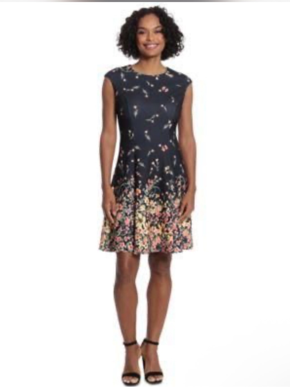 London Times Black Floral Midi Dress with Pink and Yellow Accents